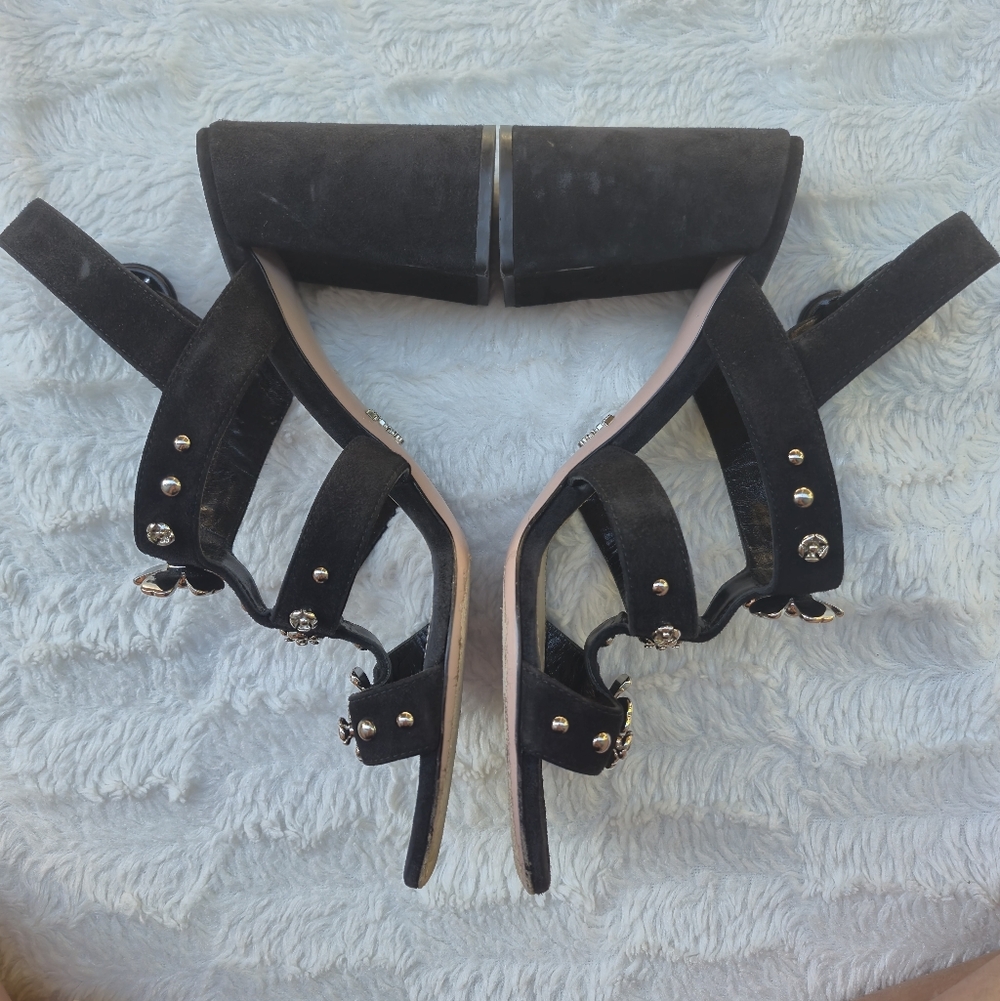 Prada Black Suede Multi-Strap Heels with Crystal Flower Accents - Picture 8 of 11